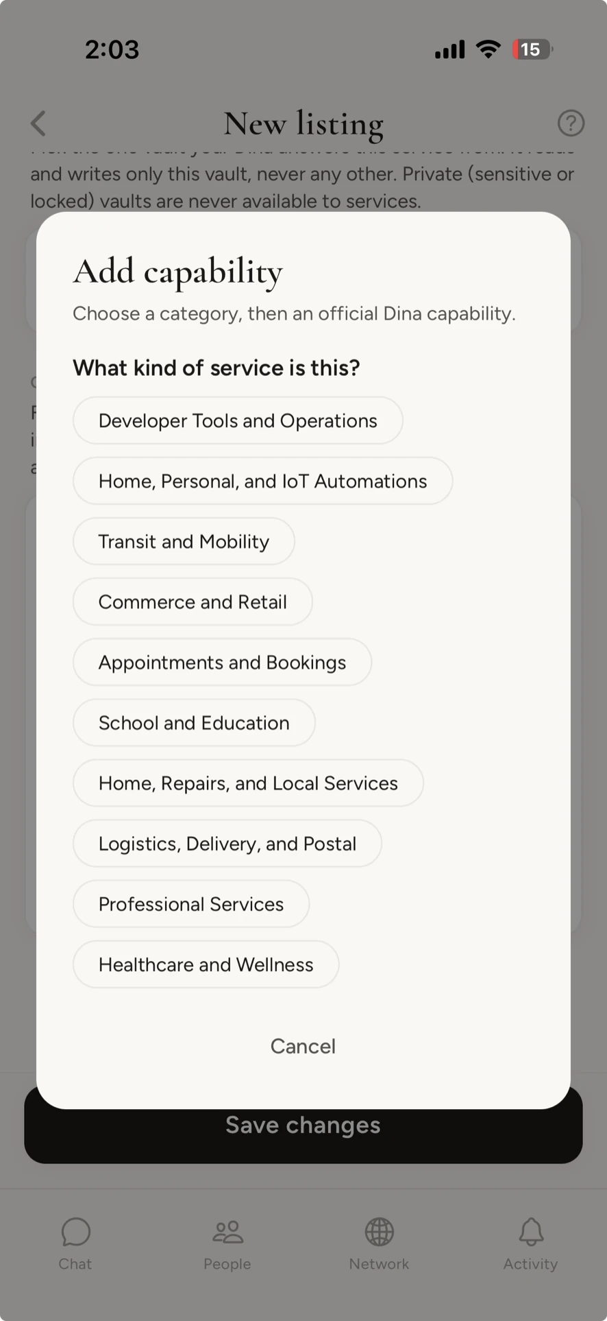 Choosing a service category, from bookings to transit to healthcare