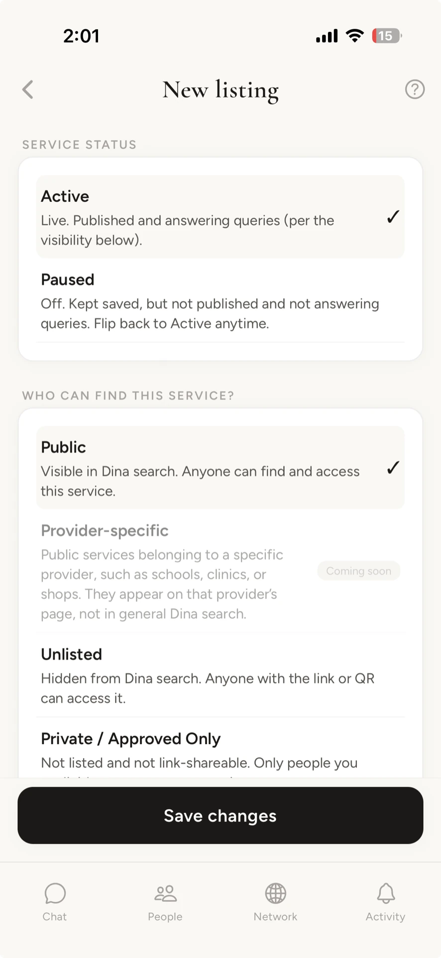Setting who can find a service: public, unlisted, or approved only