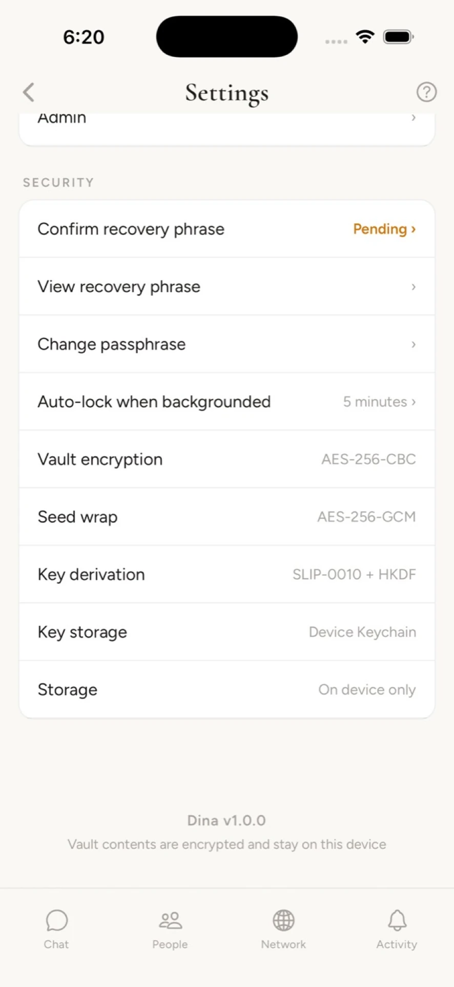 Security settings: AES-256-CBC vault encryption, AES-256-GCM seed wrap, SLIP-0010 plus HKDF key derivation, keys in the device keychain, storage on device only