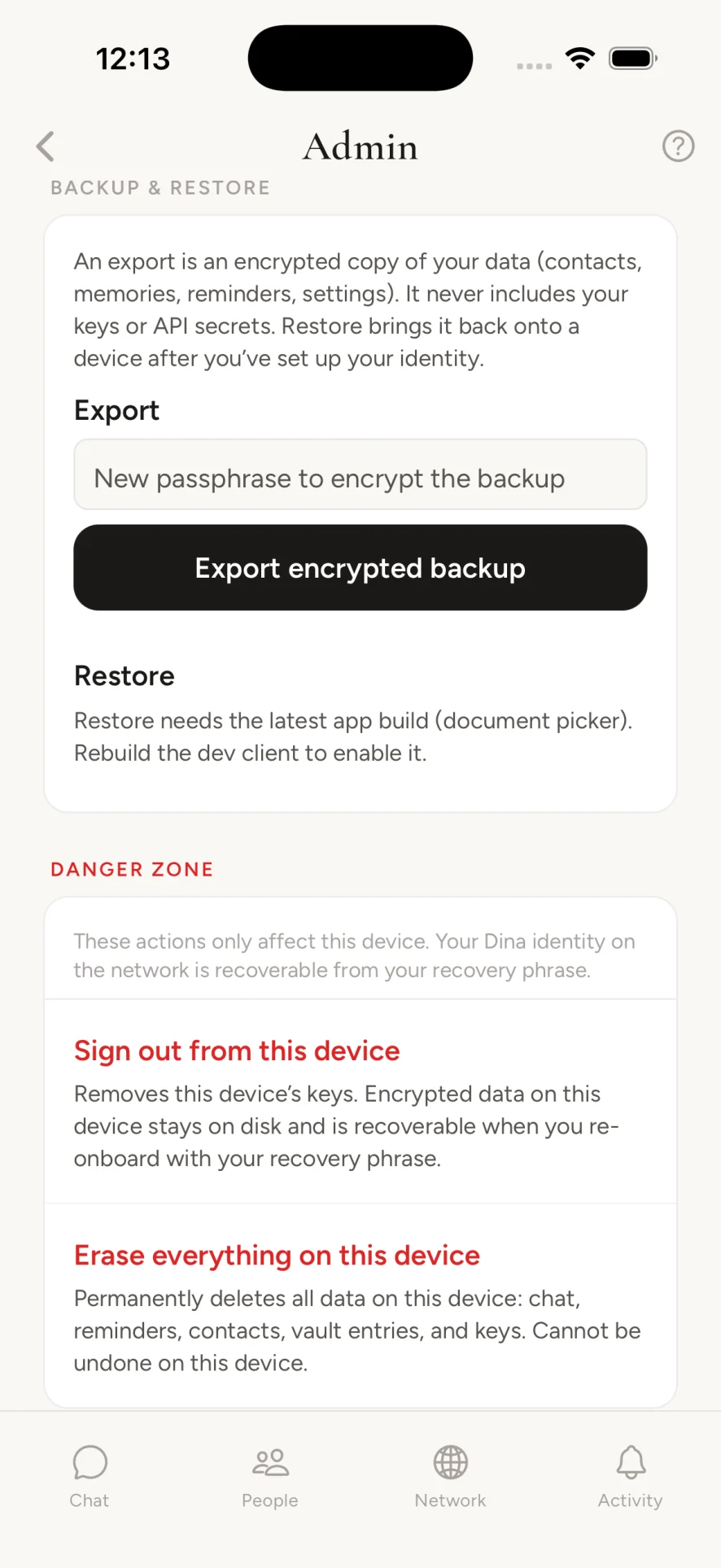 Export an encrypted backup, or erase everything on this device