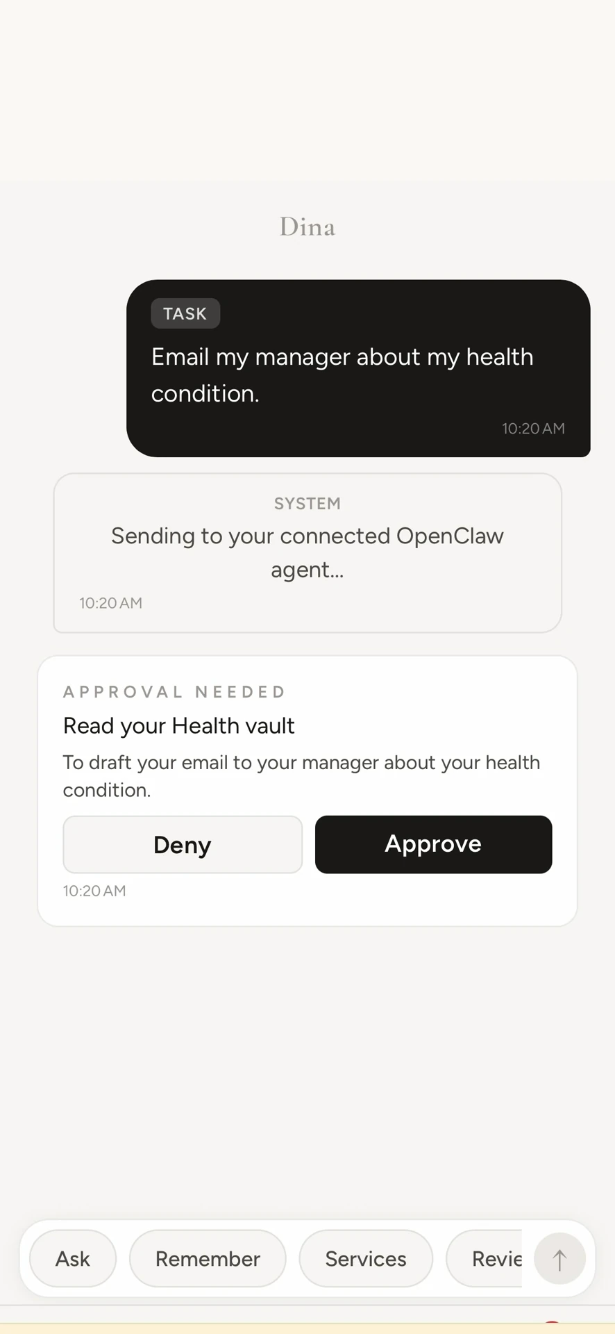 An approval prompt: the agent must ask before reading your Health vault to draft the email