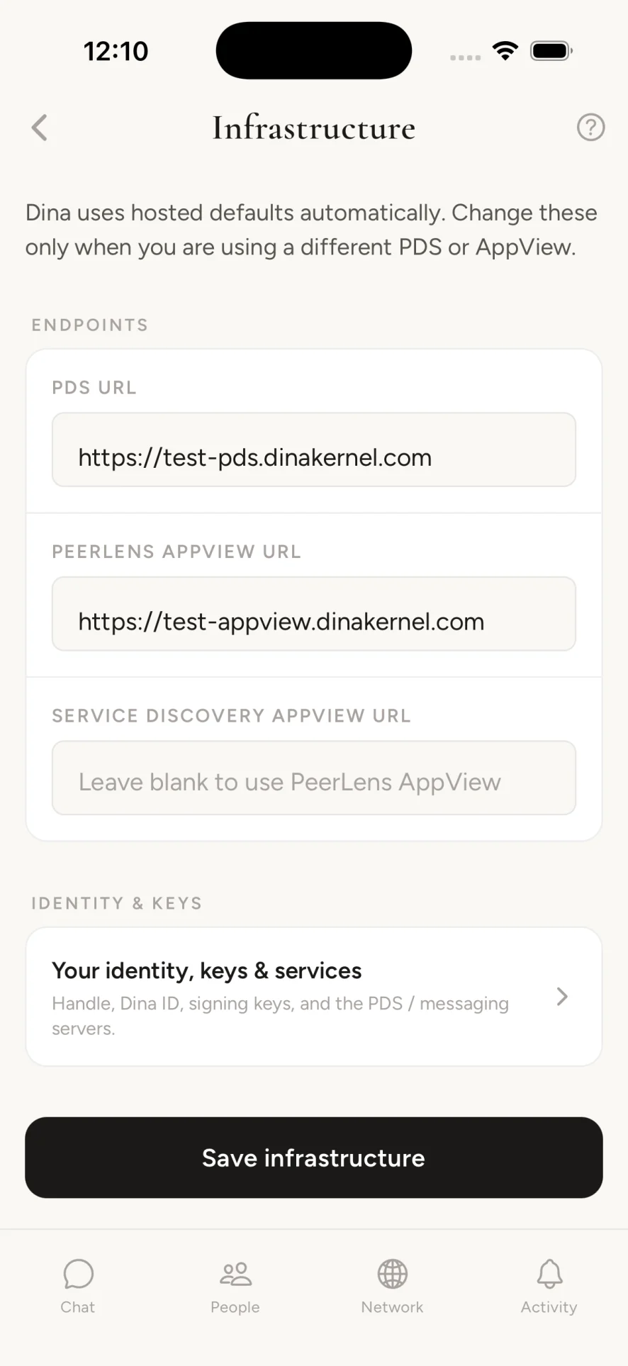 Point Dina at the hosted servers or your own PDS and AppView from the infrastructure screen